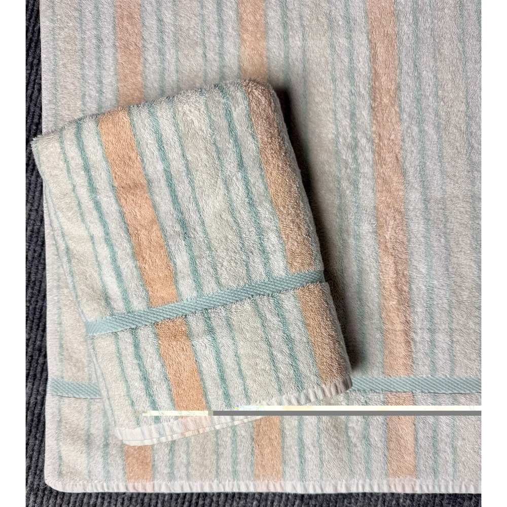 Vintage Cannon Embassy Bath Towel Set 24x45 Pastel Peach Mint Stripe USA Cotton